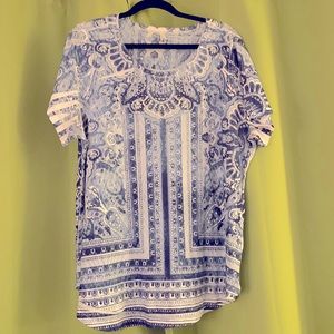 Lovely blue and white paisley top with rhinestone detail on the front.